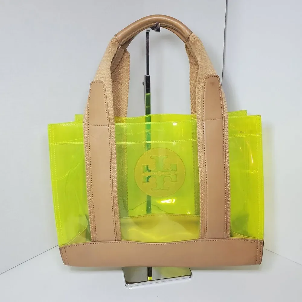 Rare Tory Burch Jesse Leather Clear Neon Yellow Dbl Handle Bag Mini Tote